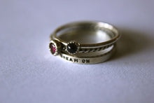 Load image into Gallery viewer, Set of 3 rings one personalized message and two gemstones sterling silver stackable stacking rings