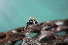 Load image into Gallery viewer, Dainty Skull Stacking Ring with Gemstones. Sterling silver gothic gemstone stacking ring. Small macabre skull ring.