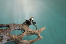 Load image into Gallery viewer, Dainty Skull Stacking Ring with Gemstones. Sterling silver gothic gemstone stacking ring. Small macabre skull ring.