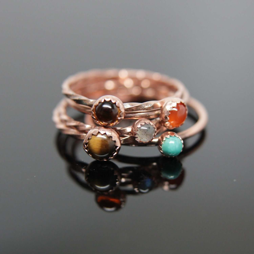 5 Copper Gemstone Rings. Set of Stackable Gemstone Rings Copper.