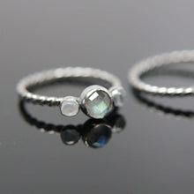 Load image into Gallery viewer, Triple gemstone stacking band. Three gemstones on a textured ring in sterling silver.
