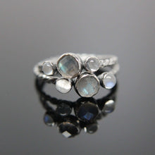 Load image into Gallery viewer, Triple gemstone stacking band. Three gemstones on a textured ring in sterling silver.
