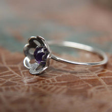 Load image into Gallery viewer, Blooming Flower Gemstone Stacking Ring. Pretty sterling silver floral stacking ring with a gemstone center. Springtime jewelry.