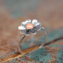Load image into Gallery viewer, Delicate Blooming Poppy Gemstone Ring. Sterling silver floral gemstone stacking ring. Springtime jewelry.