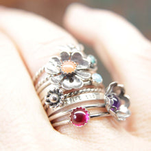 Load image into Gallery viewer, Delicate Sterling Silver Floral Gemstone Ring. Pretty sterling silver flower stacking ring with a gemstone center. Springtime bouquet ring.