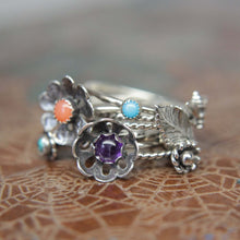 Load image into Gallery viewer, Delicate Sterling Silver Floral Gemstone Ring. Pretty sterling silver flower stacking ring with a gemstone center. Springtime bouquet ring.