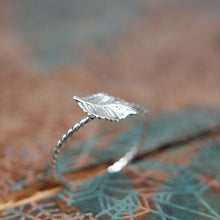 Load image into Gallery viewer, Delicate Rose Leaf Stacking Ring. Sterling silver leaf stacking ring. Springtime jewelry.