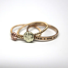 Load image into Gallery viewer, Set of Three Cherry Blossom Rings in 14k Gold. Simple stacking rings in 14k rose gold, yellow gold, white gold. Thin gold rings.