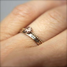 Load image into Gallery viewer, Set of Three Cherry Blossom Rings in 14k Gold. Simple stacking rings in 14k rose gold, yellow gold, white gold. Thin gold rings.