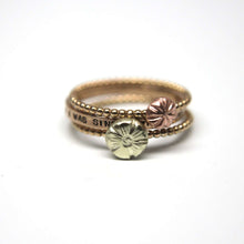 Load image into Gallery viewer, Set of Three Cherry Blossom Rings in 14k Gold. Simple stacking rings in 14k rose gold, yellow gold, white gold. Thin gold rings.