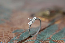 Load image into Gallery viewer, Delicate Little Dragonfly Stacking Ring. Sterling silver damselfly ring. Springtime insect ring.