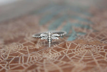 Load image into Gallery viewer, Delicate Little Dragonfly Stacking Ring. Sterling silver damselfly ring. Springtime insect ring.