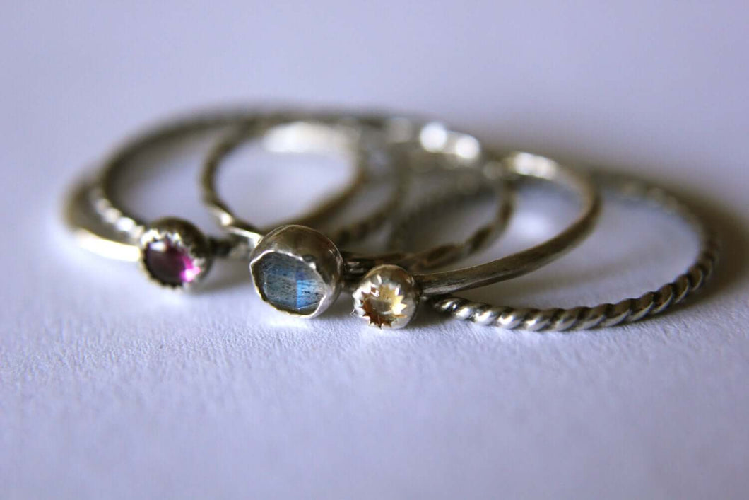 Mixed Set. 3 Stones and 2 Plain Bands Set of 5 Stackable Rings Mix and Match Gemstone Sterling Silver