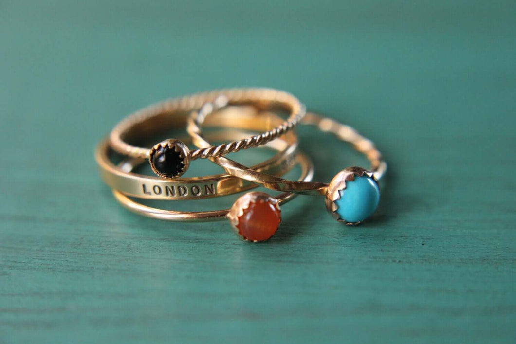 3 solid 14k gold gemstone stacking rings and custom band set of 4 rings