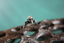 Load image into Gallery viewer, Dainty Skull Stacking Ring with Gemstones. Sterling silver gothic gemstone stacking ring. Small macabre skull ring.
