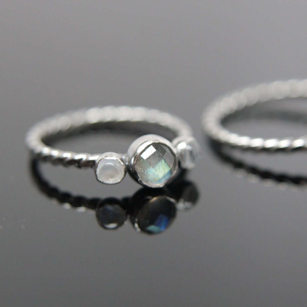 Triple gemstone stacking band. Three gemstones on a textured ring in sterling silver.
