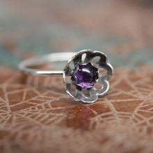 Load image into Gallery viewer, Blooming Flower Gemstone Stacking Ring. Pretty sterling silver floral stacking ring with a gemstone center. Springtime jewelry.
