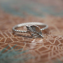 Load image into Gallery viewer, Delicate Rose Leaf Stacking Ring. Sterling silver leaf stacking ring. Springtime jewelry.
