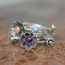 Load image into Gallery viewer, Delicate Sterling Silver Floral Gemstone Ring. Pretty sterling silver flower stacking ring with a gemstone center. Springtime bouquet ring.
