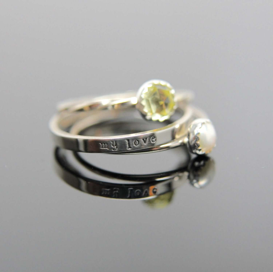 Three 14k white gold gemstone stacking rings set. Custom band set of 3 rings gemstone stacking rings.