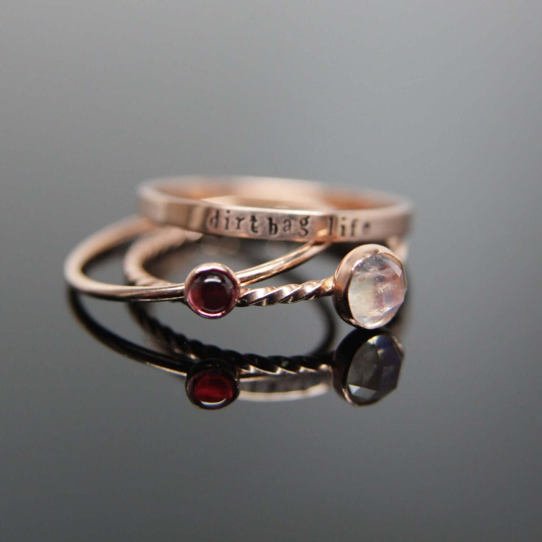 Three 14k rose gold gemstone stacking rings set. Custom band set of 3 rings gemstone stacking rings.