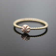 Load image into Gallery viewer, Cherry Blossom Bud Ring in 14k Gold. Simple stacking ring in 14k rose gold, yellow gold, white gold. Thin gold stacking ring.
