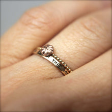 Load image into Gallery viewer, Set of Three Cherry Blossom Rings in 14k Gold. Simple stacking rings in 14k rose gold, yellow gold, white gold. Thin gold rings.
