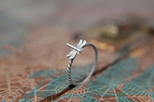 Load image into Gallery viewer, Delicate Little Dragonfly Stacking Ring. Sterling silver damselfly ring. Springtime insect ring.
