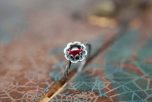 Load image into Gallery viewer, Delicate Sterling Silver Floral Gemstone Ring. Pretty sterling silver flower stacking ring with a gemstone center. Springtime bouquet ring.
